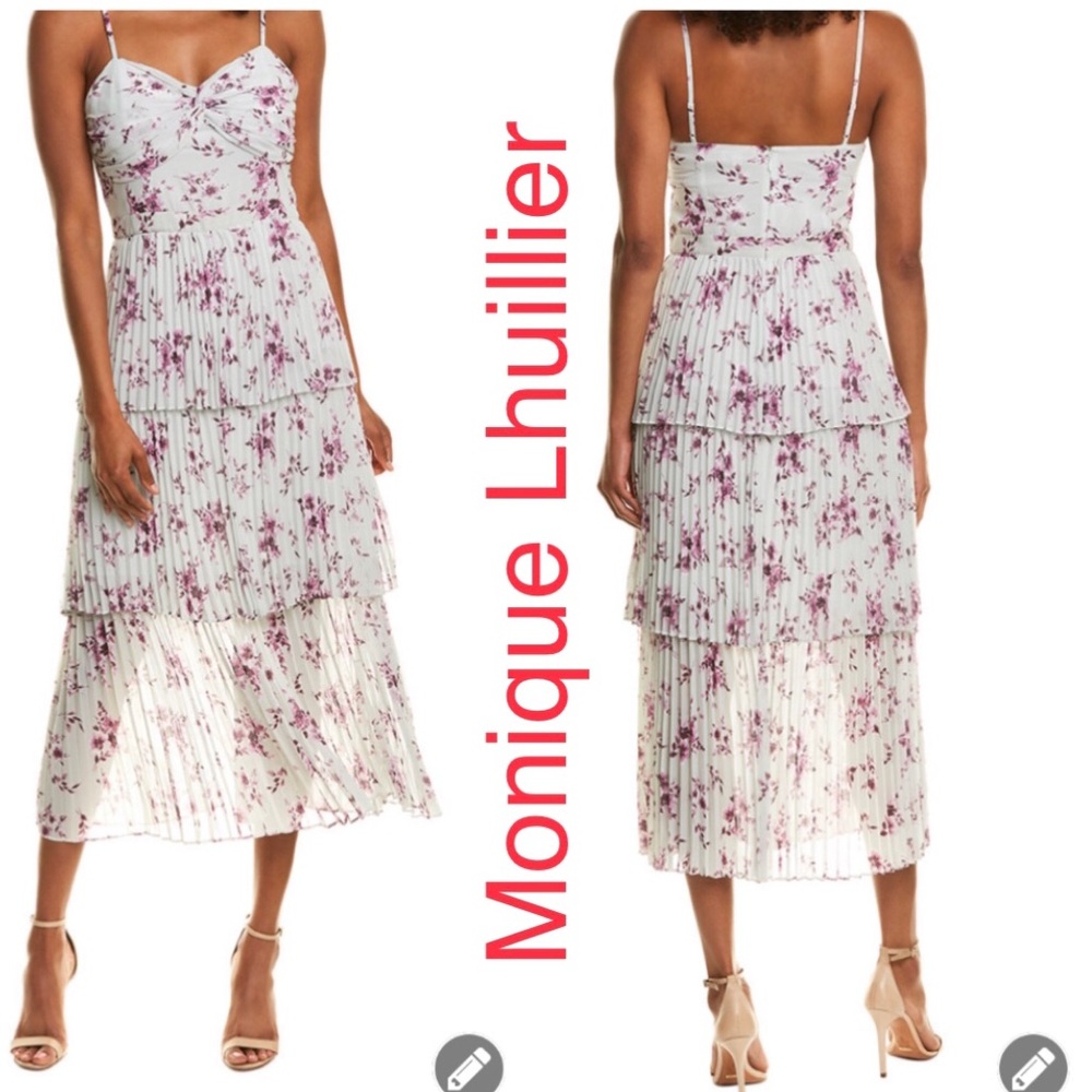 Monique Lhuillier White Floral Tiered Midi Dress